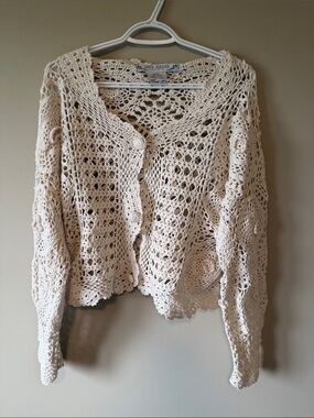 Santa Barbara Vintage Crochet Cardigan Boho Lace Open Knit Cottagecore Cream Med
